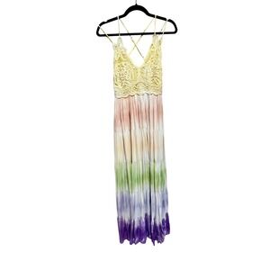 Main Strip Maxi Dress Tie Dye Crochet‎ Lace V Neck Bohemian Festival Casual